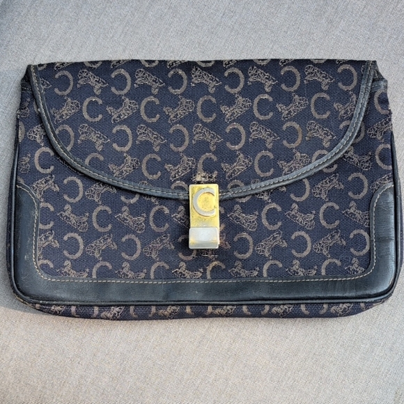 Vintage Celine Macadam Navy and Gold Canvas Foldover Clutch - Picture 1 of 11
